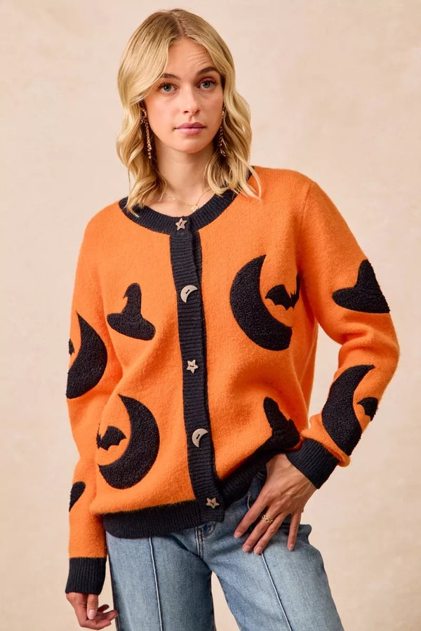 Halloween Witch Hat Moon & Bat Cardigan Sweater
