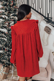 Ruffled Trim V-Neck Mini Dress with long sleeves and loose shift fit