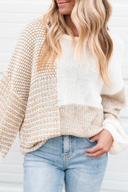 Oatmeal beige drop shoulder knit pullover with round neck and wide sleeves
