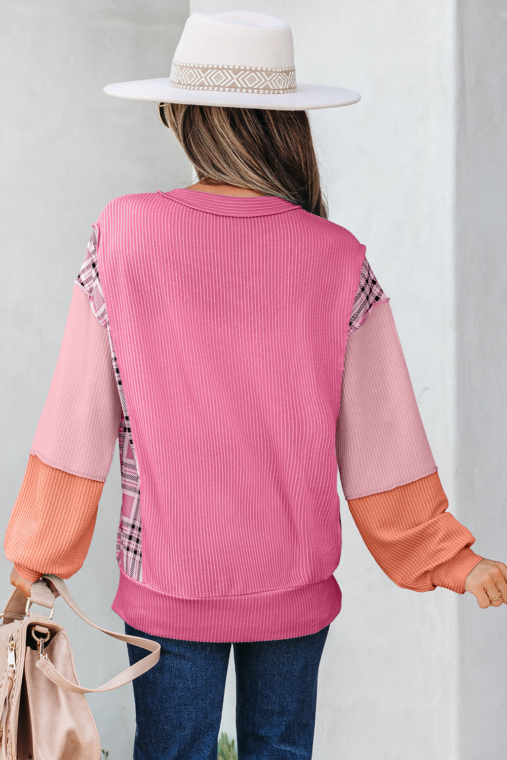 Aruba Blue Corded Texture Colorblock Patchwork Split Neck Long Sleeve Top