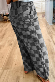 Dark Grey Checkered Wide Leg Jeans with high-waist fit