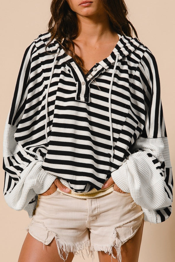 Oversized Striped Womens Waffle Knit Henley Hooded Top — Black & White Dolman Sleeve