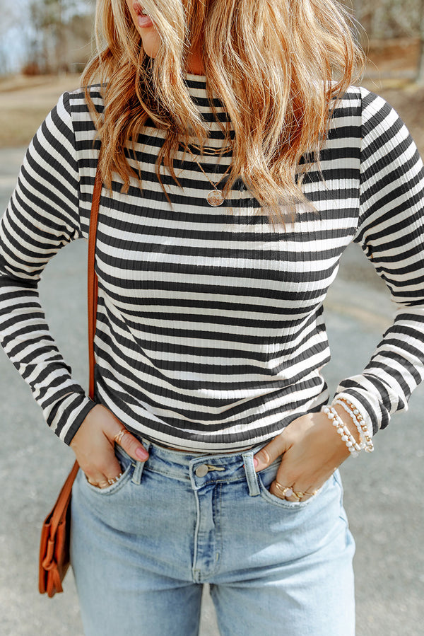 Graphic Tee Black Striped Textured Knit Long Sleeve Top