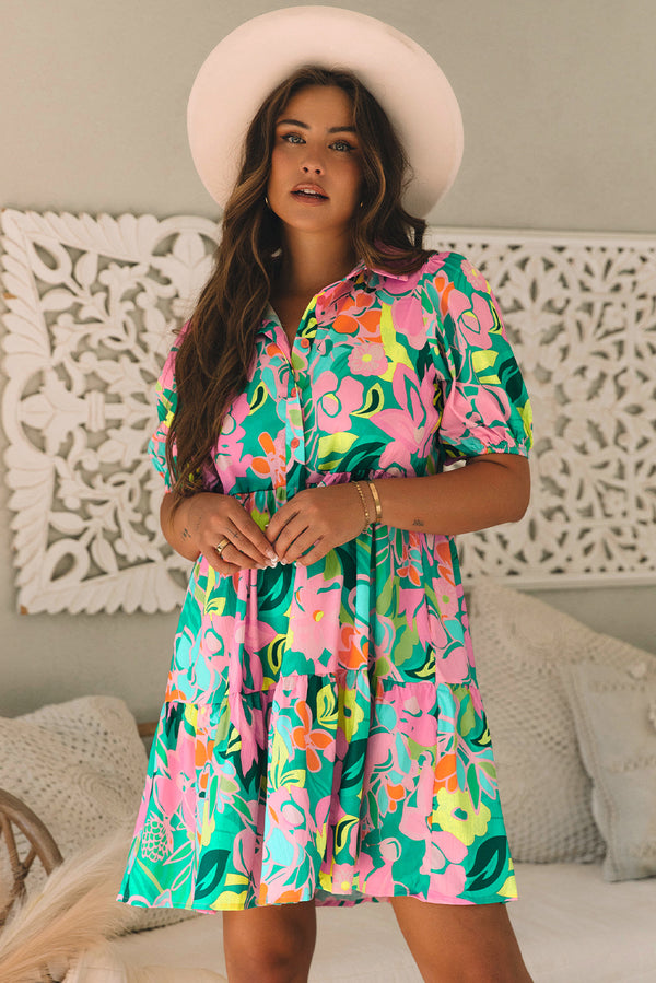 Green Floral Puff Sleeve Collared Babydoll Dress