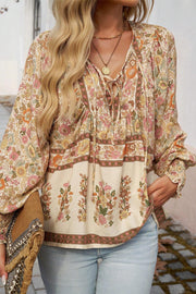 Lace-up V-neck floral top, lightweight polyester