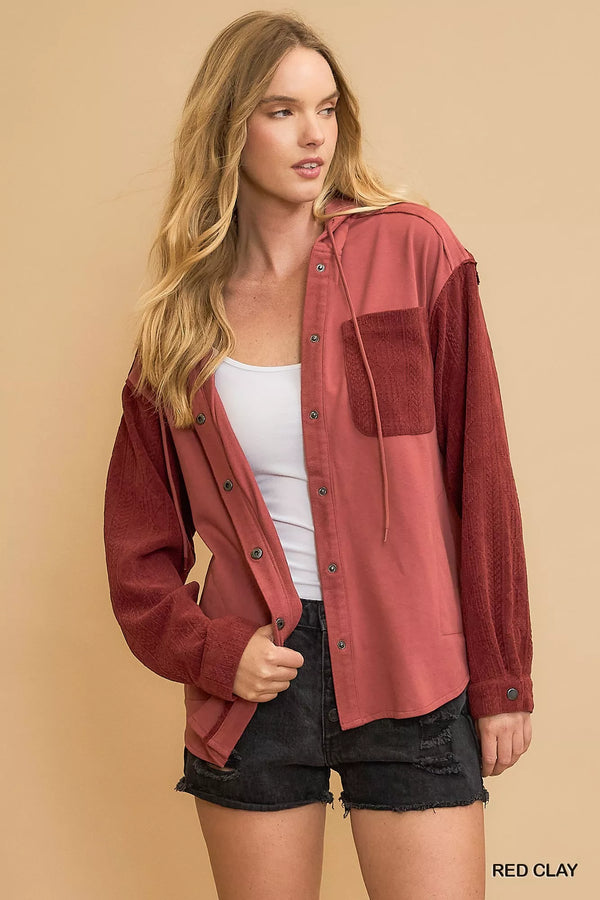 Womens Red Shacket – Washed French Terry Button-Front