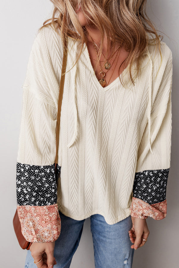 Beige Floral Patchwork Knit V-Neck Drawstring Blouse