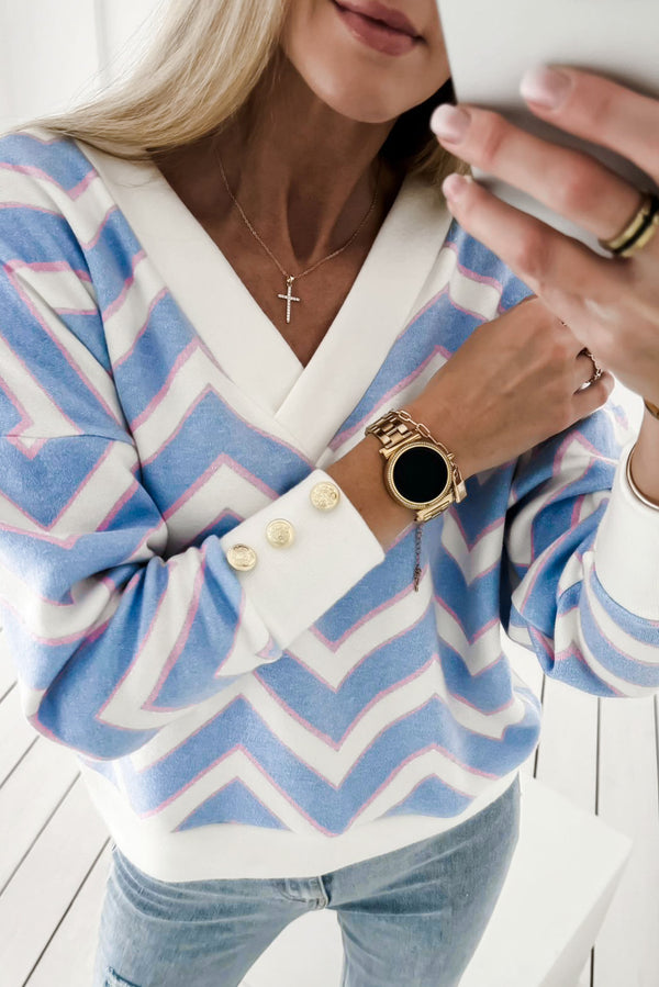 Sky Blue Zigzag Stripe V-Neck Oversized Long Sleeve Top