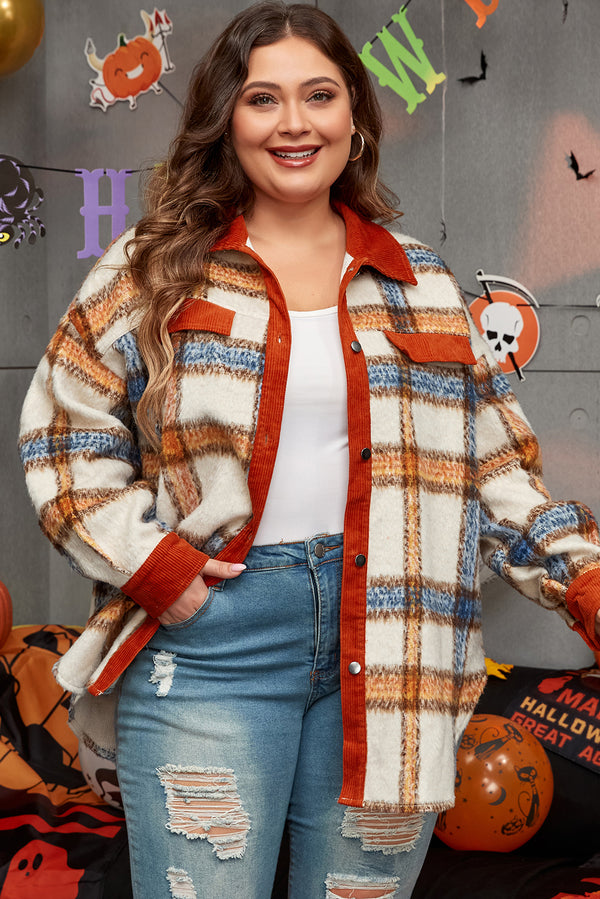 Womens Long Winter Jacket — Brown Stripe Plaid Plus Size Collared Buttoned