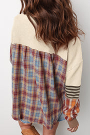 Waffle knit henley top with stripe and plaid patchwork detail