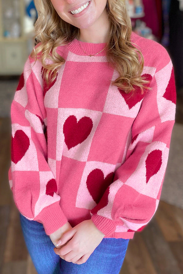 Oversized Pink Love Heart Checkered Crew Neck Sweater