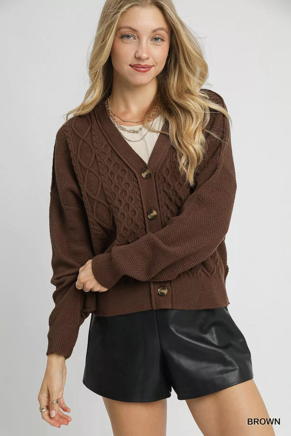 Chunky Cable Knit V-Neck Button-Up Cardigan — Umgee