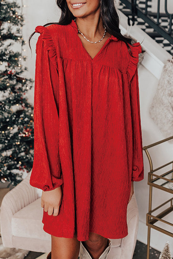 Fiery Red Ruffled Trim V-Neck Loose Fit Mini Dress