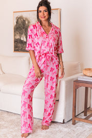 Pink pajamas top with lapel collar and full button front