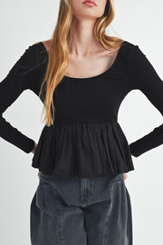 Black ribbed knit peplum top with long sleeves and scoop neck