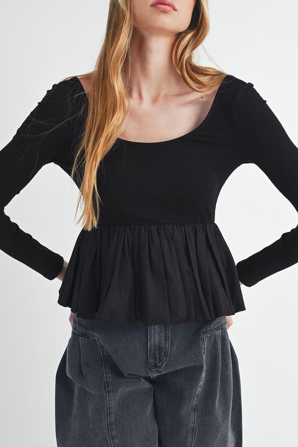 Black Ribbed Knit Long Sleeve Scoop Neck Peplum Top