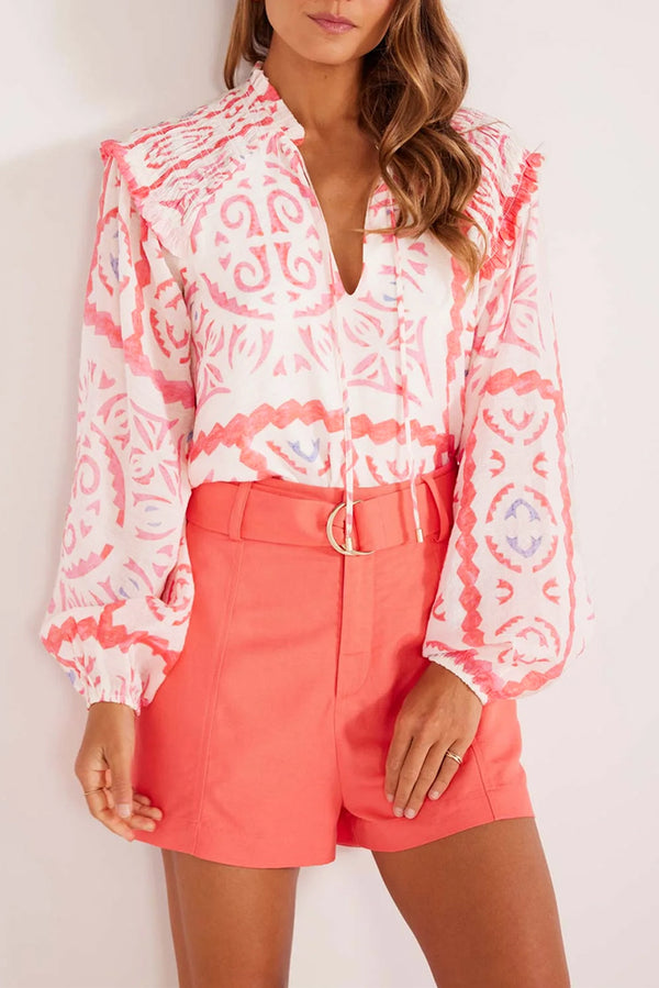 Desert Flower Vintage Print Poet Collar Blouson Sleeve Blouse