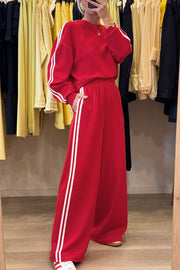 Fiery Red varsity striped crewneck pullover and matching sweatpants 2-piece set
