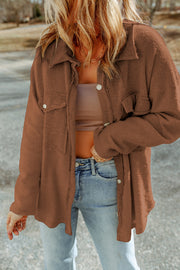 Brown shacket in soft knit cotton blend with a roomy relaxed fit