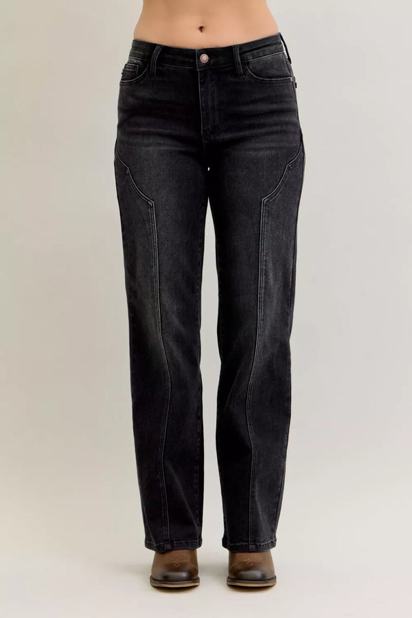 Judy Blue Jeans — Mid Rise Black Straight Leg with Western Seam Detail
