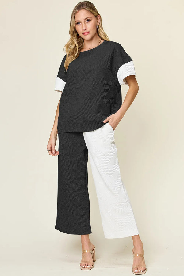 Textured Contrast Tee and Wide-Leg Pants Set