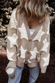 Khaki sherpa star cardigan showing relaxed slouchy fit and front pockets