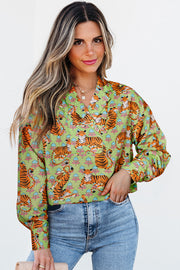 Green tiger floral print collared V-neck shirt with long sleeves