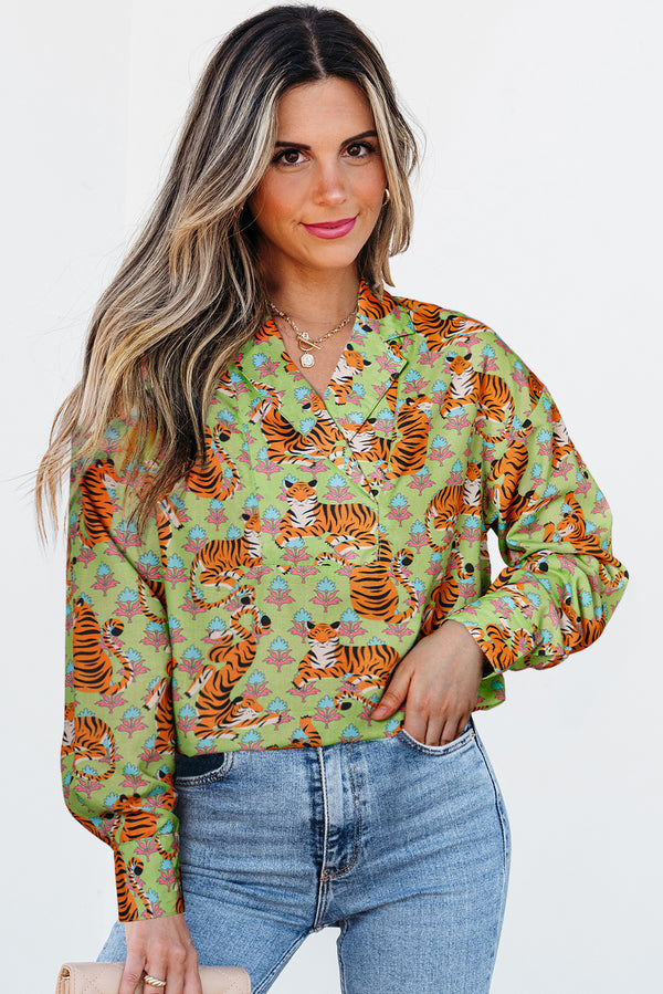 Green Tiger Floral Graphic Tee Shirt — Collared V-Neck Long Sleeve Blouse