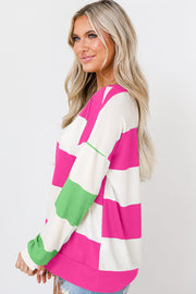 Rose Red Colorblock Striped Long Sleeve Top with relaxed drop shoulder fit