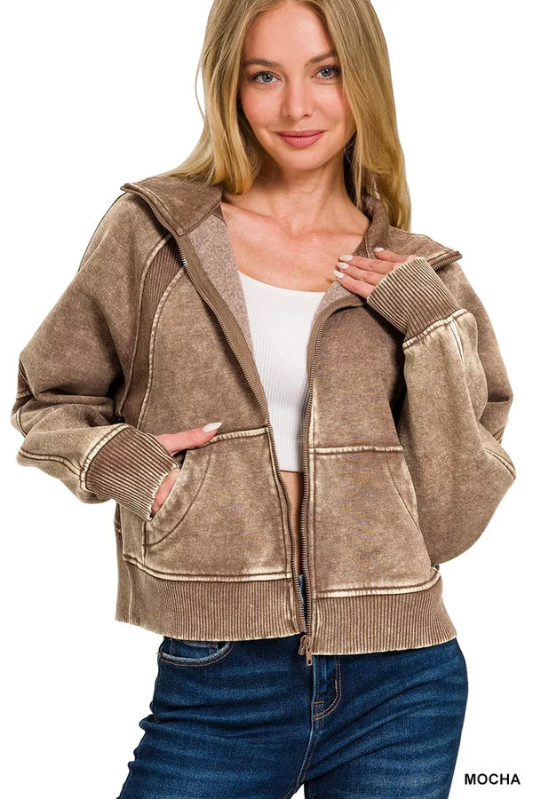 Acid Wash Zip-Up Fleece Jacket