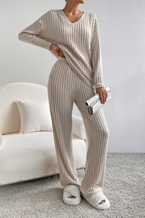 Lounge Set - Khaki Ribbed Knit V-Neck Slouchy Two-Piece Outfit