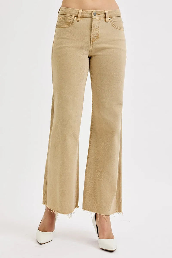 Khaki Beige Raw Hem Wide Leg Jeans