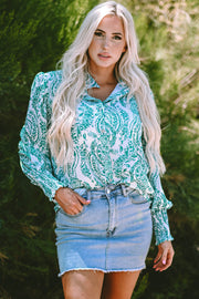 Bohemian paisley long sleeve top with shirt collar and smocked cuffs