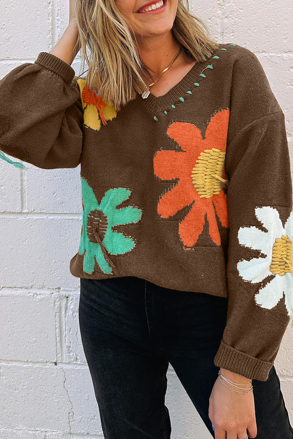 Oversized Sweater in Coffee Floral – V-Neck Drop Shoulder Knit