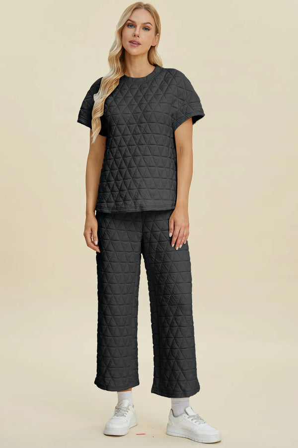 Black Pants Two-Piece Set — Round Neck Short Sleeve Top & Pants