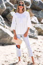 White Bow Knot Blouse with 3/4 length sleeves