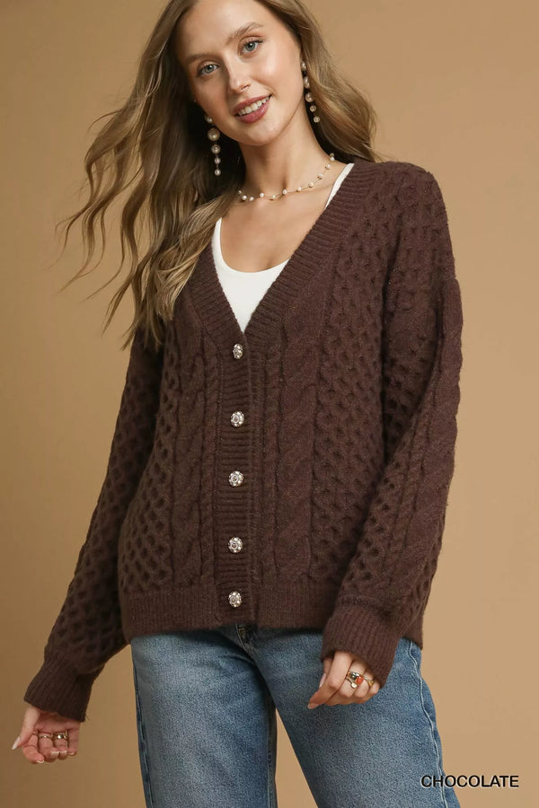 Cable Knit Pearl Button Cardigan — Umgee