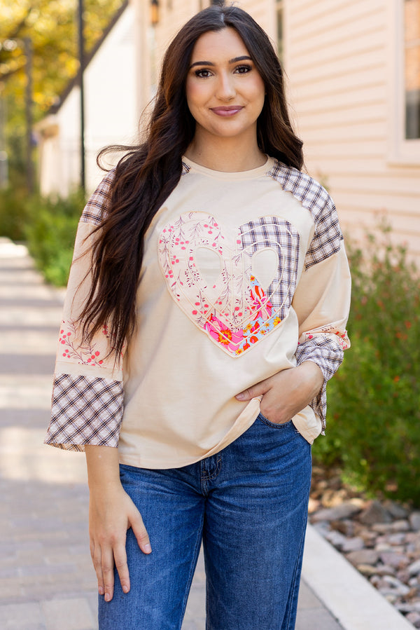 Beige Plaid Floral Peace Heart Graphic Long Sleeve Top