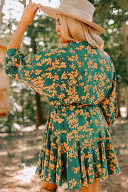 Green Floral Tunic Mini Dress with high-waist drawstring for adjustable fit