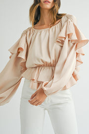 Oatmeal lace-up keyhole back peplum blouse in soft neutral hue