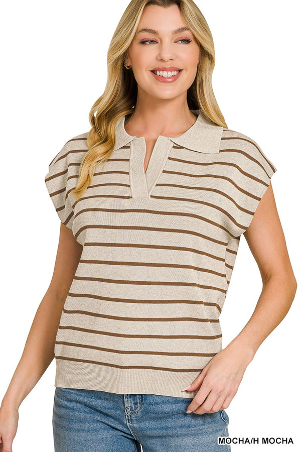 Striped Collared Sweater Vest — Zenana