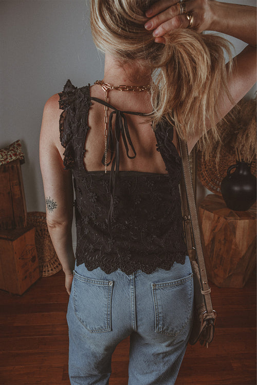 Black Floral Embroidered Square Neck Tank Top