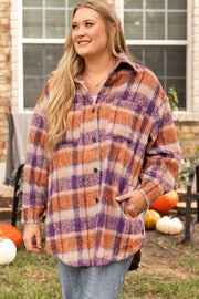 Collared V-neck plaid jacket for plus size everyday wear