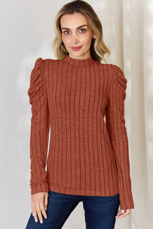 Ribbed Mock Neck Puff Sleeve Top - Plus Size Women's Clothing
