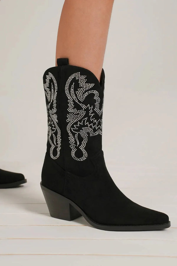 Black Boots with Rhinestone Detail Point Toe Heels