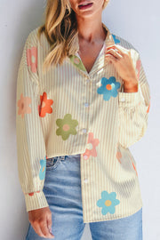 Turn-down collar apricot floral button-up shirt