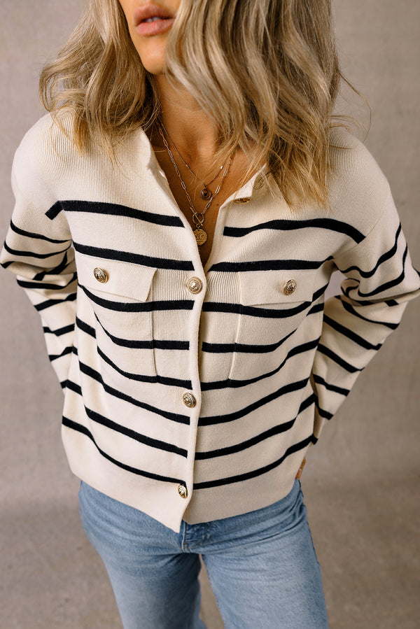 Black Stripe Flap Pocket Buttoned Cardigan