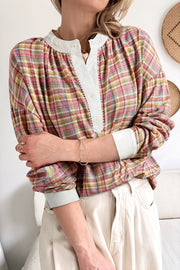 Plaid patchwork Henley blouse in a relaxed loose shift fit