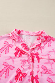 Coordinated pink bow knot loungewear top and pants set