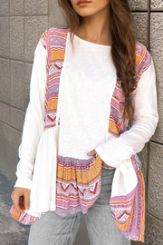 Loose babydoll shift tunic with ruffled trim and Western colorblock patchwork print